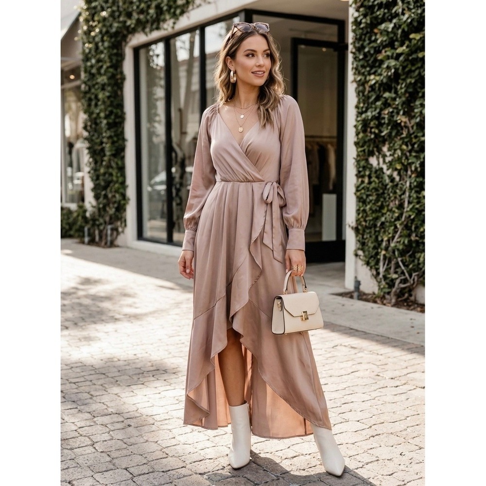 Baltic Born Katya High-Low Wrap Dress Champagne Taupe Satin DD2222 Small